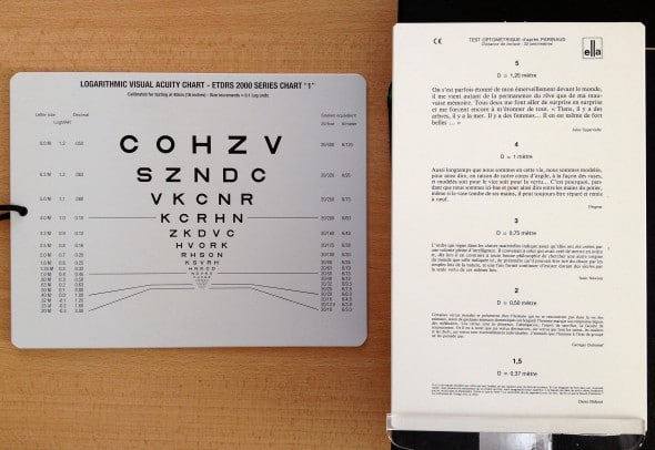 exemple de planche de Parinaud et de planche d'acuité visuelle logarithmique pour la vision de près.