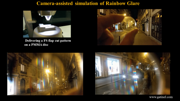 Pictures taken through the FS treated plastic disc in Paris at night time. The rainbow glare patterns are particularly pronounced around the cars front lights.