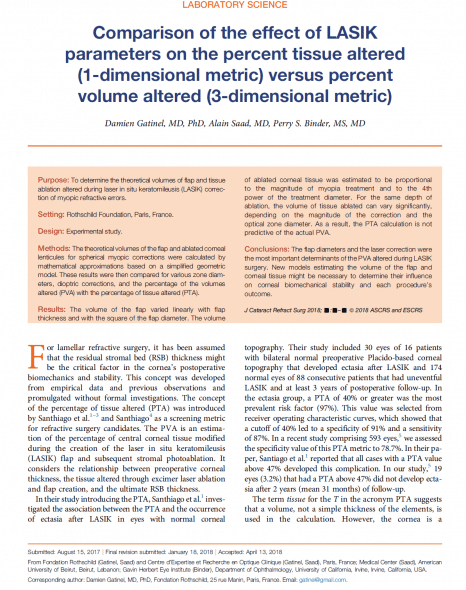 Comparison of the effect of LASIK parameters on the percent tissue altered (1-dimensional metric) versus percent volume altered (3-dimensional metric)