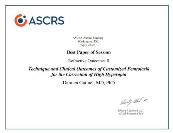 Best Paper of Session Damien Gatnel Customized FemtoLASIK High Hyperopia ASCRS