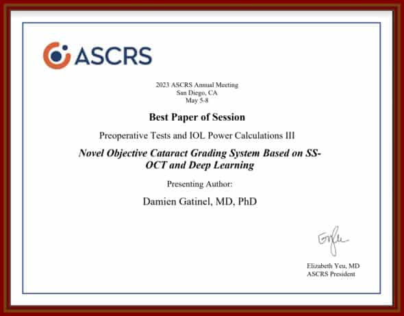 diploma Dr Gatinel best paper ASCRS 2023 