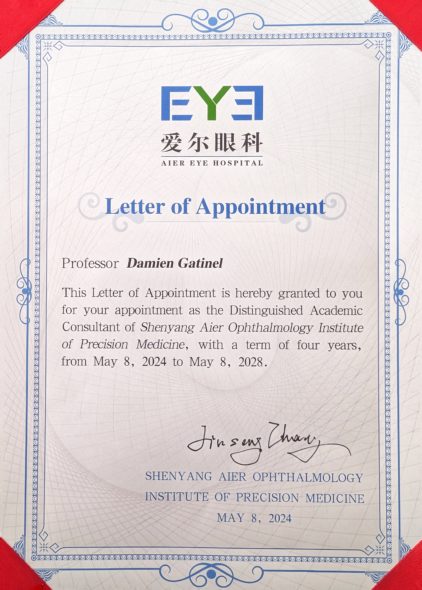 AIER Eye hospital group letter of appointment distinguished academic consultant Prof Damien Gatinel