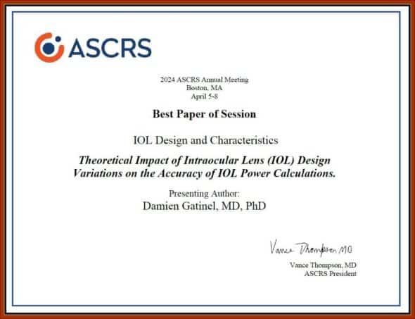 best paper award ASCRS Damien Gatinel cataract refractive surgery